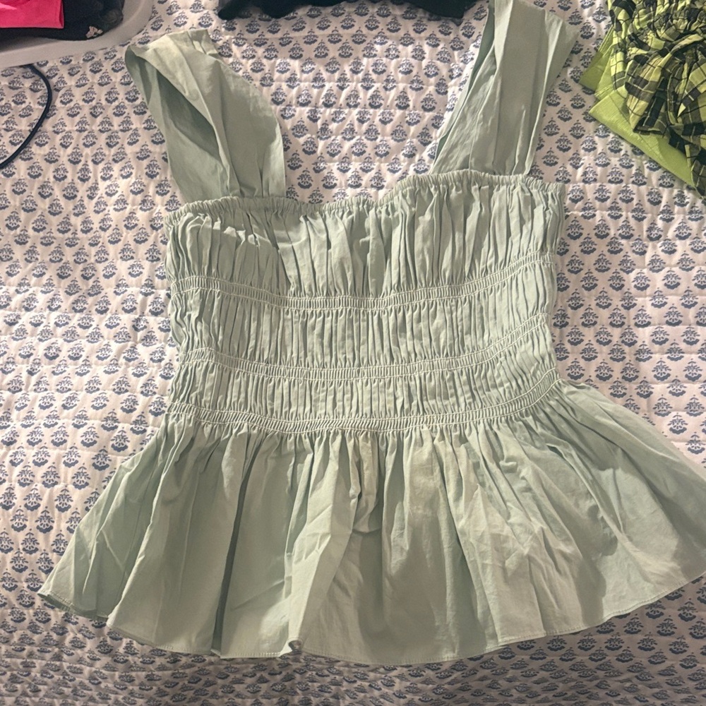 STAUD Light Green Smocked Blouse